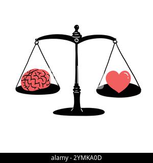 Questa è una scala di equilibrio con un cervello da un lato e un cuore dall'altro. Simboleggia il concetto di equilibrio tra logica ed emozione nel processo decisionale. H Illustrazione Vettoriale