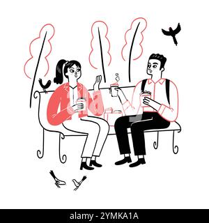 Una coppia è seduta su una panchina del parco, mentre tiene le tazze da caffè e pranza in un parco. Illustrazione del vettore di disegno a mano. Illustrazione Vettoriale