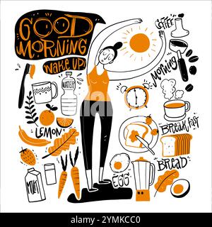 Raccolta di disegni a mano in mattinata. Illustrazione vettoriale nello stile del doodle dello schizzo. Illustrazione Vettoriale