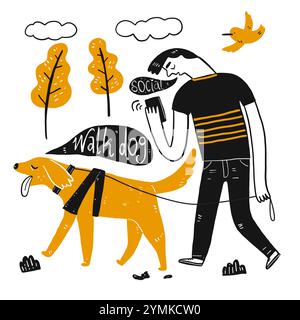 Un cane che cammina con una tazza di caffè. Raccolta di illustrazioni vettoriali disegnate a mano in stile boodle. Illustrazione Vettoriale