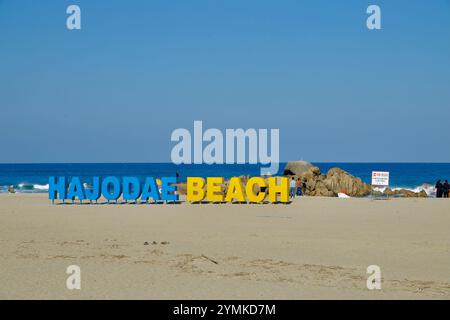 Contea di Yangyang, Corea del Sud - 3 novembre 2024: Un vibrante cartello "Hajodae Beach" si trova sulla spiaggia sabbiosa vicino al Mare Orientale, con formazioni rocciose e Foto Stock