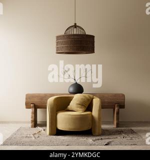 Camera Livinig decorata in stile boho. Design moderno e autentico del soggiorno. Illustrazione 3D. Foto Stock