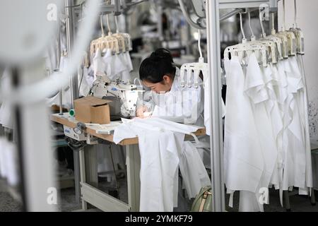 SUQIAN, CINA - 22 NOVEMBRE 2024 - Un lavoratore produce camicie su una linea di assemblaggio in un'officina di produzione intelligente in una fabbrica di abbigliamento a Suqian, Jiangs Foto Stock