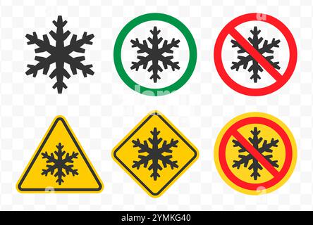 Non bloccare il set di simboli icona. Nessun simbolo del logo di congelamento. Ghiaccio con fiocco di neve, proibizione, proibito, non consentito, proibito. Illustrazione vettoriale. Isolato su W Illustrazione Vettoriale