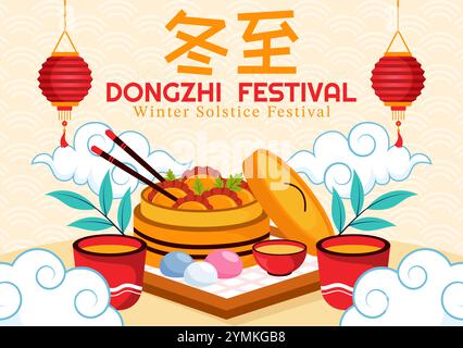 Traduzione del festival Dongzhi. Illustrazione vettoriale del Festival del solstizio d'inverno che presenta cibi cinesi Tangyuan e Jiaozi in uno sfondo tradizionale Illustrazione Vettoriale