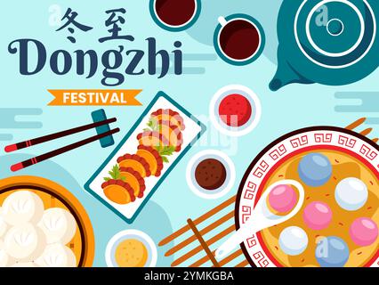 Traduzione del festival Dongzhi. Illustrazione vettoriale del Festival del solstizio d'inverno che presenta cibi cinesi Tangyuan e Jiaozi in uno sfondo tradizionale Illustrazione Vettoriale