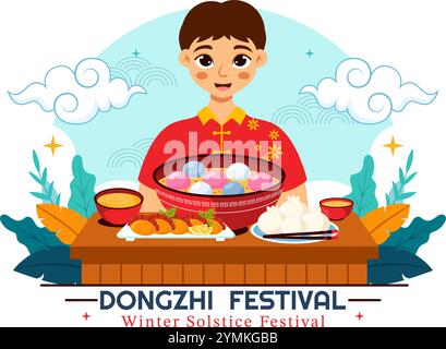 Traduzione del festival Dongzhi. Illustrazione vettoriale del Festival del solstizio d'inverno che presenta cibi cinesi Tangyuan e Jiaozi in uno sfondo tradizionale Illustrazione Vettoriale