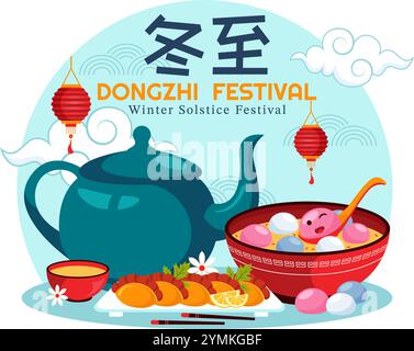 Traduzione del festival Dongzhi. Illustrazione vettoriale del Festival del solstizio d'inverno che presenta cibi cinesi Tangyuan e Jiaozi in uno sfondo tradizionale Illustrazione Vettoriale