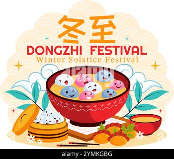 Traduzione del festival Dongzhi. Illustrazione vettoriale del Festival del solstizio d'inverno che presenta cibi cinesi Tangyuan e Jiaozi in uno sfondo tradizionale Illustrazione Vettoriale