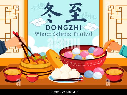 Traduzione del festival Dongzhi. Illustrazione vettoriale del Festival del solstizio d'inverno che presenta cibi cinesi Tangyuan e Jiaozi in uno sfondo tradizionale Illustrazione Vettoriale