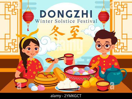 Traduzione del festival Dongzhi. Illustrazione vettoriale del Festival del solstizio d'inverno che presenta cibi cinesi Tangyuan e Jiaozi in uno sfondo tradizionale Illustrazione Vettoriale