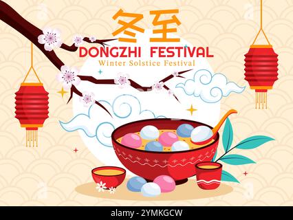 Traduzione del festival Dongzhi. Illustrazione vettoriale del Festival del solstizio d'inverno che presenta cibi cinesi Tangyuan e Jiaozi in uno sfondo tradizionale Illustrazione Vettoriale