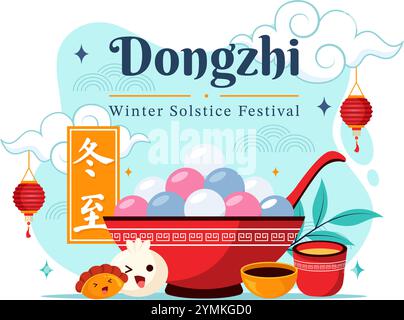 Traduzione del festival Dongzhi. Illustrazione vettoriale del Festival del solstizio d'inverno che presenta cibi cinesi Tangyuan e Jiaozi in uno sfondo tradizionale Illustrazione Vettoriale