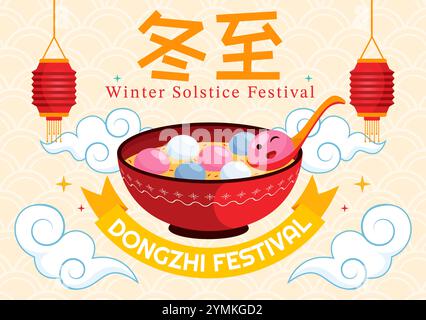 Traduzione del festival Dongzhi. Illustrazione vettoriale del Festival del solstizio d'inverno che presenta cibi cinesi Tangyuan e Jiaozi in uno sfondo tradizionale Illustrazione Vettoriale