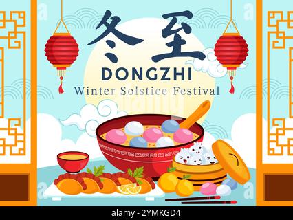 Traduzione del festival Dongzhi. Illustrazione vettoriale del Festival del solstizio d'inverno che presenta cibi cinesi Tangyuan e Jiaozi in uno sfondo tradizionale Illustrazione Vettoriale