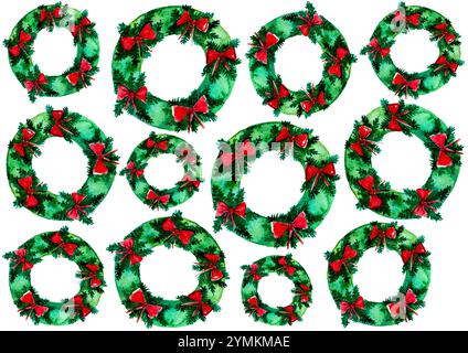 Una serie di ghirlande natalizie di diverse dimensioni. Cerchi verdi. Nei luoghi, i rami dell'albero di Natale sono disegnati in dettaglio. Archi rossi. Acquerello. Foto Stock