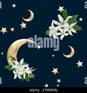 Bouquet di fiori bianchi su una mezzaluna dorata. Una dolce composizione romantica. Illustrazione acquerello. Un bouquet di gigli bianchi e foglie verdi brillanti. Foto Stock