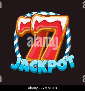 Simbolo del jackpot per le slot machine a tema natalizio. Icona o simbolo di buon Natale per le tue risorse di gioco. Cornice di caramelle e Gingerbread numero 7 Illustrazione Vettoriale