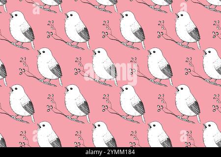 Modello senza cuciture con uccelli divertenti, fiori, foglie. Illustrazione vettoriale piatta con silhouette di uccelli cartoni animati. Personaggi simpatici. Progettare per l'invito Illustrazione Vettoriale