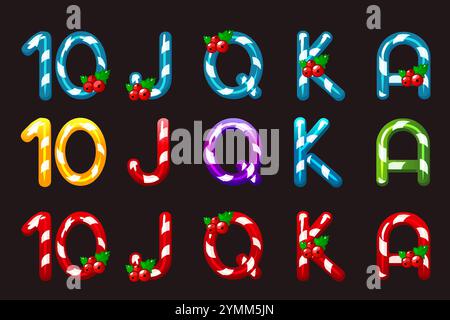 I simboli delle slot o delle carte da gioco come i biscotti di caramelle 10, J, Q, K e A. i simboli delle carte da gioco Lollipop si modellano per le slot machine a tema natalizio Illustrazione Vettoriale