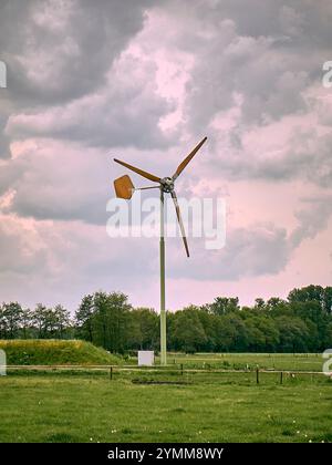 Un paesaggio caratterizzato da una piccola turbina eolica EAZ, campi verdi, alberi e nuvole spettacolari in una giornata primaverile nei Paesi Bassi. Foto Stock