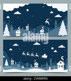 Sfondo natalizio, vettore di taglio della carta. Buon Natale e felice anno nuovo testo di saluto con cervi, pino tagliato in carta e elementi decorativi nuvole Illustrazione Vettoriale