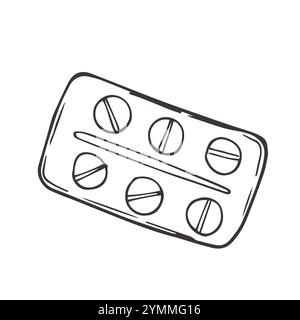 Prescrizione di farmaci e doodle medicina, disegno a mano vettore doodle illustrazione di varie compresse medicina e pillole di droga per scopi medici Illustrazione Vettoriale