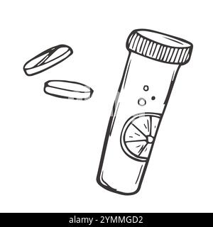Illustrazione vettoriale di compresse, vitamine e pillole in un vaso di plastica disegnato da una linea infinita. Medicine, medicine e bellezza Illustrazione Vettoriale