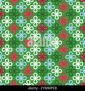 Collezione di vivaci motivi lineari senza cuciture con forme a trifoglio su sfondo natalizio. Design divertenti per la moda natalizia, i tessuti Illustrazione Vettoriale