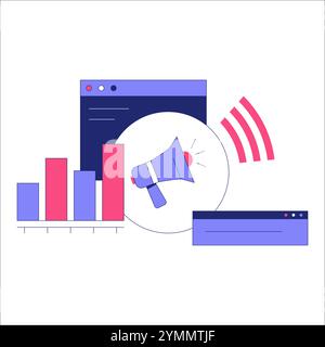 Megafono con grafici a barre e schermi online in illustrazione vettoriale piatta che simboleggia il marketing digitale, le campagne pubblicitarie e l'analisi online Illustrazione Vettoriale