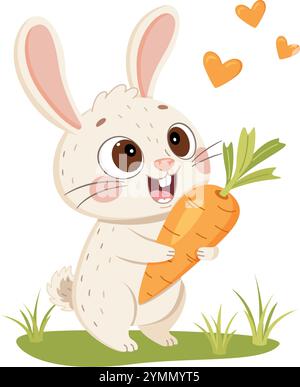 Bel coniglio che tiene la carota. Stile cartoni animati piatto disegnato a mano. Cibo animale, amore coniglietto di carote. Illustrazione del vettore isolato del carattere PET. Illustrazione vettoriale Illustrazione Vettoriale
