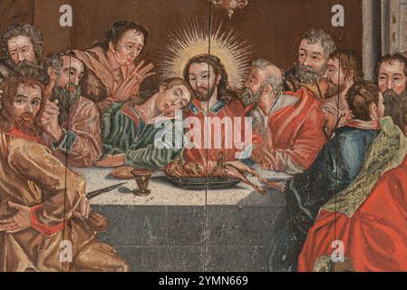 Dipinto dell'ultima cena di sconosciuto su una pala d'altare del XVII secolo nella chiesa di Ovraby, Svezia, 16 luglio 209 Foto Stock