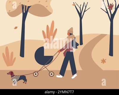 Una bella ragazza cammina con un passeggino e un cane da dachshund in un parco cittadino autunnale o nella foresta. Paesaggio all'aperto autunnale: Alberi, foglie Illustrazione Vettoriale
