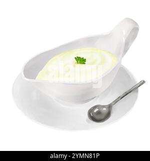 Maionese con un rametto di prezzemolo in un elegante piattino in porcellana su un piattino. Illustrazione digitale acquerello. Salsa cremosa, panna acida in un bicchiere Foto Stock