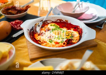 Stuzzicante shakshuka con uova perfettamente in camicia in una ricca salsa di pomodoro, guarnita con erbe aromatiche, su un tavolo da colazione. Ideale per un'abbondante mattina Foto Stock