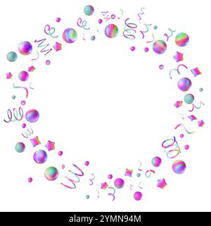 Cerchio con coriandoli arcobaleno isolati su sfondo bianco. Vuoto, copia spazio al centro. Elemento di design vivace e divertente, cornice rotonda o bordo Foto Stock