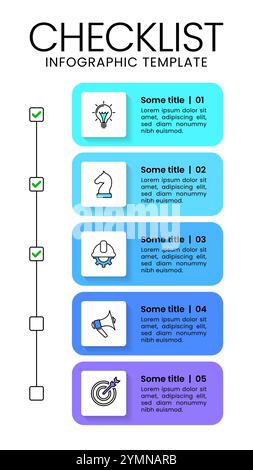 Modello infografico con icone e 5 opzioni o passaggi. Lista di controllo. Può essere utilizzato per layout del flusso di lavoro, diagrammi, banner, webdesign. Illustrazione vettoriale Illustrazione Vettoriale
