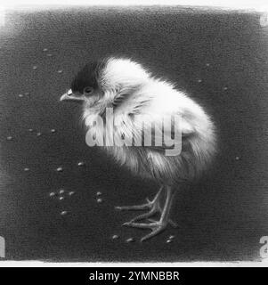 Disegno a matita estremamente dettagliato di un pulcino in piedi su una superficie ruvida con semi sparsi. Foto Stock