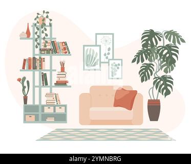 Collezione di mobili per interni moderni. Interni accoglienti per il riposo e il relax. Elementi per le camere degli appartamenti, decorazioni. Illustrazione Vettoriale