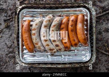 Salsicce di diversi colori vengono fritte sulla griglia di un grill usa e getta. Foto Stock