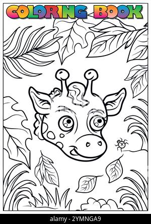 Adorabile giraffa sorridente nella giungla, una divertente attività di colorazione per i bambini Illustrazione Vettoriale