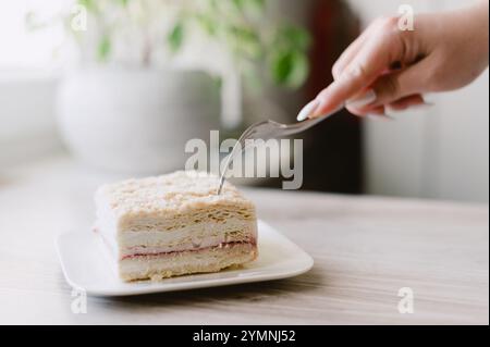 Una persona sta tagliando un pezzo di torta con una forchetta. La torta è su un piatto bianco Foto Stock