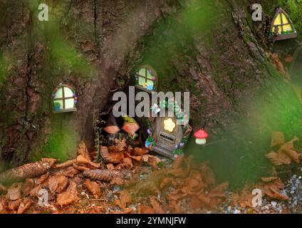 Un delizioso primo piano di una casa di gnomi in miniatura incastonata nelle radici di un vecchio albero. La scena presenta un'affascinante porta in legno con un fiore luccicante Foto Stock