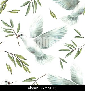 Piccione con ramoscello verde oliva. Motivo senza cuciture acquerello. Colomba volante bianca, simbolo di pace. Illustrazione disegnata a mano per matrimonio, Battesimo Foto Stock