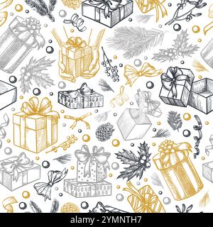 Motivo oro senza cuciture con regali e decorazioni per Natale e Capodanno. Illustrazione dello schizzo disegnato a mano vettoriale. Sfondo delle vacanze invernali. Prin alla moda Illustrazione Vettoriale