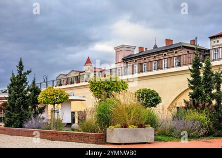 Un bellissimo letto di fiori con alberi ed edifici sullo sfondo. Foto di alta qualità Foto Stock