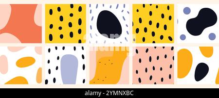 Set di motivi a forma di doodle astratti colorati e senza cuciture. Collezione creativa di sfondo artistico in stile minimalista, design alla moda con forme di base Illustrazione Vettoriale