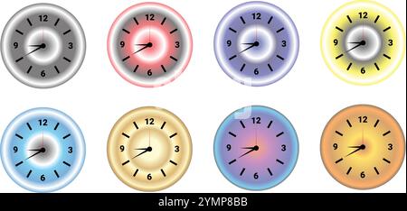 Set di 8 orologi colorati: I loghi delle icone dell'orologio sono isolati su sfondo bianco trasparente Illustrazione Vettoriale