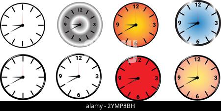 Set di 8 orologi - i loghi delle icone degli orologi sono isolati su sfondo bianco trasparente Illustrazione Vettoriale