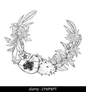 Papaya tropicale vettoriale, kiwano, carambola, frutti di guava tra foglie corona disegnata a mano dipinta da inchiostri neri. Dolce sciame grafico di piante intere e tagliate a fette Illustrazione Vettoriale